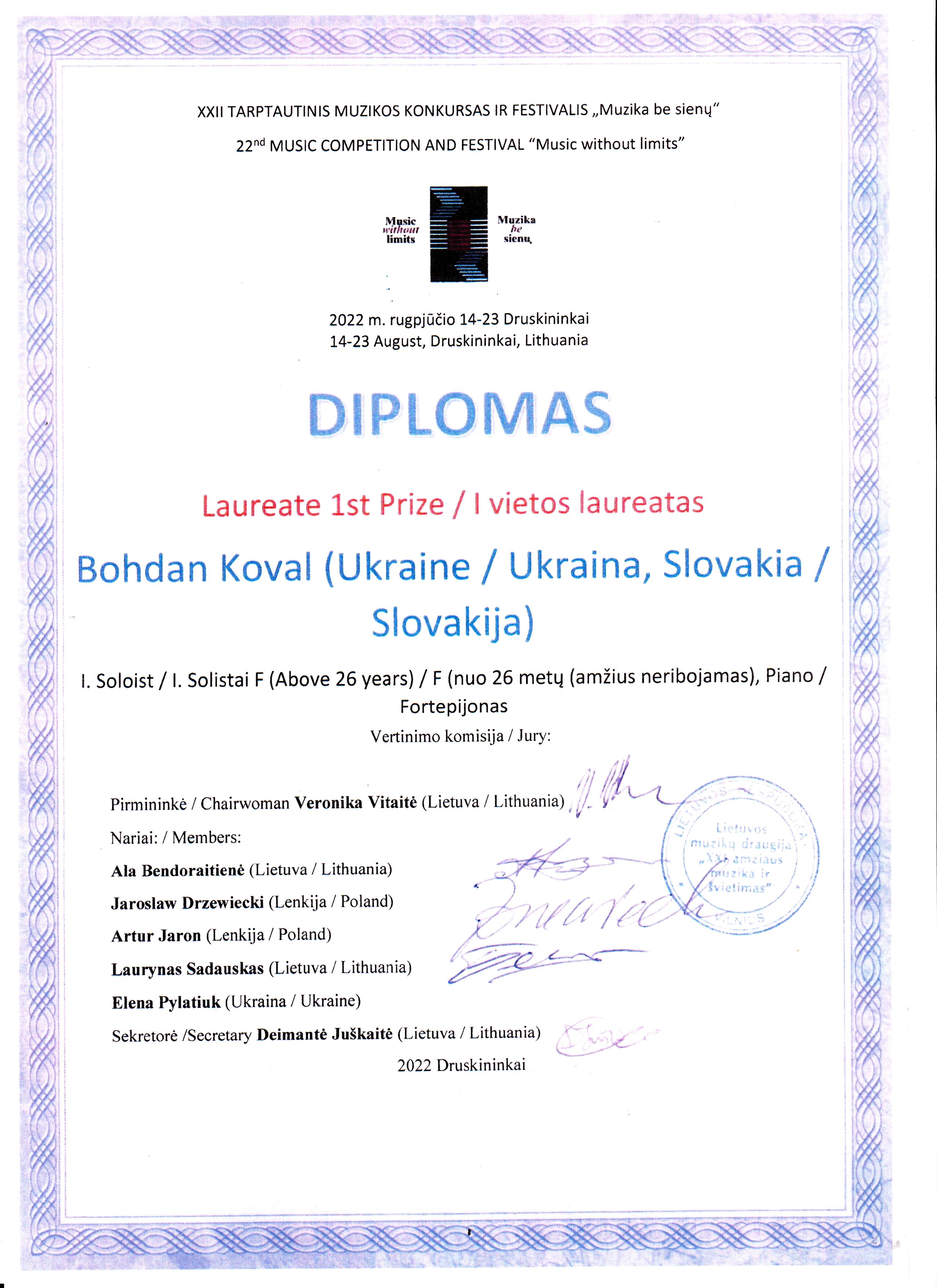 diplom B.Koval Litva 2022